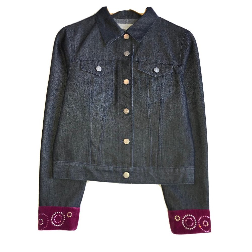 Icejeans Iceberg Women's Blue Denim Jean Jacket Velvet Rhinestone Cuffs‎ Sz S/M